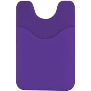 A purple phone wallet with a two-pocket design, featuring a logo on the front.