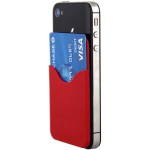 A red phone wallet with a credit card inserted, attached to a smartphone. The wallet features a simple design and a logo.
