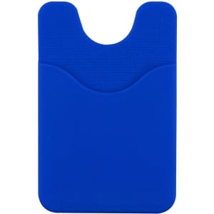 A blue silicone wallet designed to attach to a phone, featuring two pockets for cards. It has a textured surface.