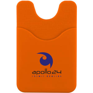 An orange phone wallet featuring a logo, designed to hold cards and a phone.