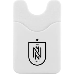 A white Smart Wallet with a textured surface and a logo in black. It features a slot for cards.