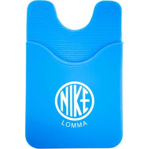 A blue phone wallet with a textured design and a logo. Features a pocket for cards or cash.