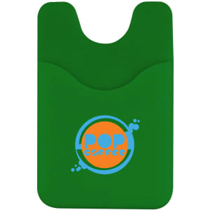 A green Smart Wallet with a pocket for cards and a logo on the front.