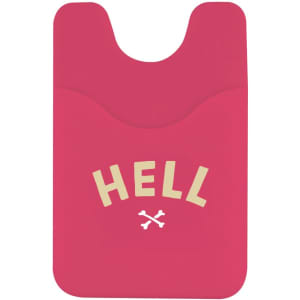 A pink wallet with two compartments and a graphic feature. It has a logo on the surface.