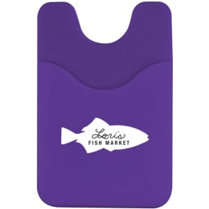 A purple phone wallet with a smooth texture and a pocket for cards, featuring a logo.