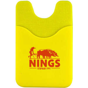 A bright yellow phone wallet featuring a textured design and a logo. Suitable for securing cards or cash.