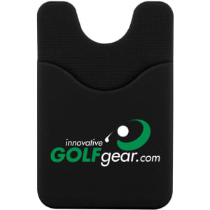 A black phone wallet featuring a curved top and a logo. The material has a textured finish.