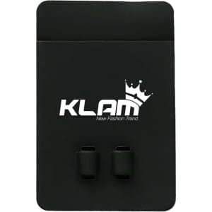 A black silicone phone wallet featuring a logo, designed to attach to the back of a phone for convenience.
