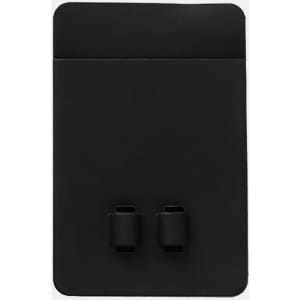 A black silicone phone wallet featuring two slot openings and a smooth surface, with a logo on the front.