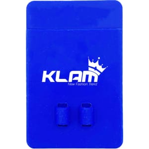 A blue silicone phone wallet with a logo, featuring two card slots for storage.