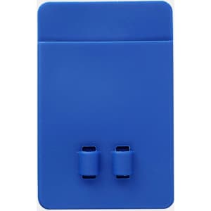 A blue silicone phone wallet with two slots and a smooth finish. Features a simple, sleek design and a branding logo.