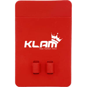 A red silicone phone wallet with a logo, featuring two attachment loops for securing to a phone.