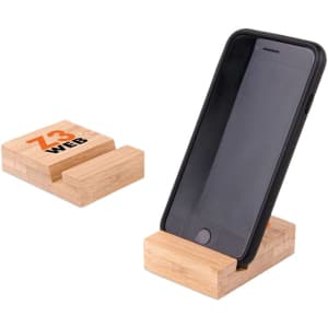 A bamboo phone holder featuring a sleek design with a black phone set at an angle, showcasing its sturdy base.