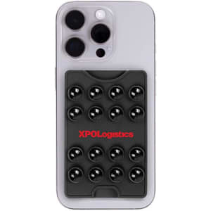 A sleek black suction phone wallet attached to a light-coloured smartphone, featuring a logo and circular suction cups.