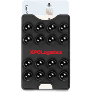 A black suction phone wallet with multiple suction cups and a card slot, featuring a logo on the front.