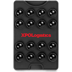A black suction phone wallet with multiple suction cups and a logo, designed for attaching to surfaces.