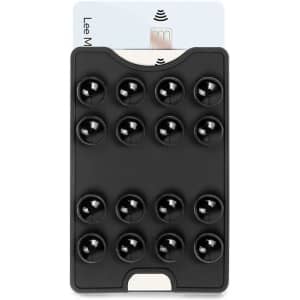 A black suction phone wallet with multiple suction cups and a card slot at the top. It has a logo on the back.