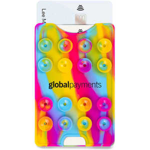 A vibrant, multicoloured suction phone wallet featuring circular suction cups and a card pocket. Contains a logo.