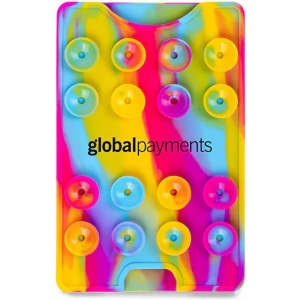 A multicoloured phone wallet featuring suction cups, with a logo in the centre.