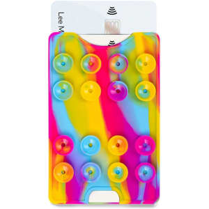 A multi-coloured suction phone wallet featuring vibrant pink, yellow, and blue patterns with suction cups.