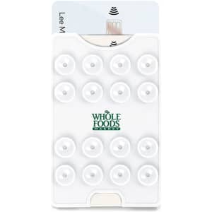 A white suction phone wallet with multiple suction cups and a card slot, featuring a logo.