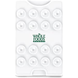 A white suction phone wallet featuring multiple suction cups and a logo.