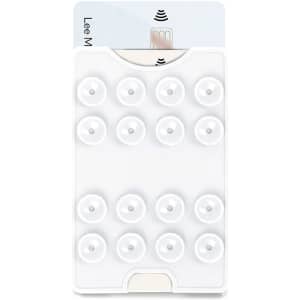 A white suction phone wallet featuring multiple suction cups, designed to hold a card securely.