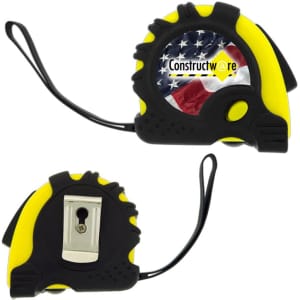 A tape measure with a black and yellow design, featuring a logo and a background of an American flag.