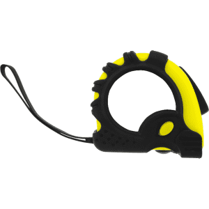 A tape measure with a black and yellow exterior, featuring a grip handle and a retractable measuring tape.