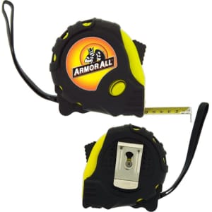 A tape measure featuring a black and yellow design, with a prominent logo and a retractable measuring tape.