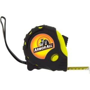 A tape measure featuring a black and yellow design, with a logo and a metal tape extending from the casing.