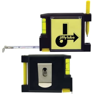 A tape measure in black and yellow, featuring a built-in level and a pen holder, with a logo on the side.