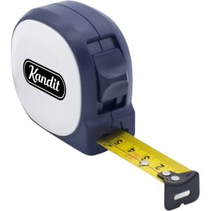 A blue and white tape measure with a branded logo and a yellow measuring tape extended.