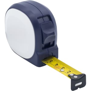 A navy blue tape measure with a yellow measuring tape extended from it, featuring a logo on the body.