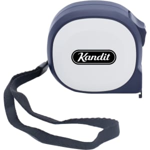 A navy and white tape measure with a logo and a strap for easy holding.