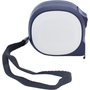 A navy blue tape measure with a strap, featuring a smooth, rounded design and a white measuring tape.