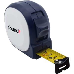 A navy and white tape measure with a yellow measuring tape, featuring a logo on the casing.