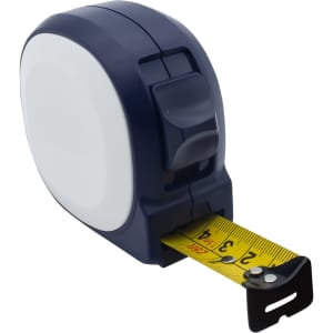 A navy and white 7.5M tape measure with a yellow measuring tape and a metal clip. It features a branding logo.