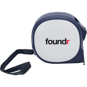 A navy tape measure with a white body and a wrist strap, featuring a small logo.