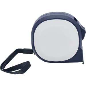 A navy blue tape measure with a strap, featuring a smooth, rounded design and a branding logo.