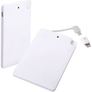 A white ultra slim power bank with a USB and lightning connector attached. It has a logo on the surface.