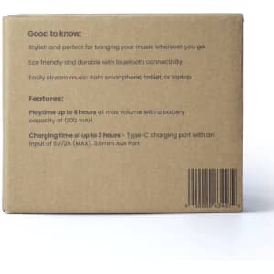 A brown box containing the Boomer Bamboo Wireless Speaker with features and specifications listed on the back.