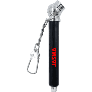 A black key chain tyre gauge with a metal tip and a silver carabiner clip. It features a branding logo.