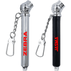 A keychain tyre gauge in silver and black colours, featuring a chain and clip attachment. It includes branding.