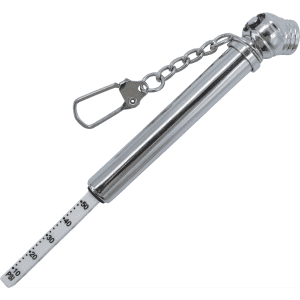 A silver key chain tyre gauge with a chain and clip, featuring a measuring stick marked in increments.