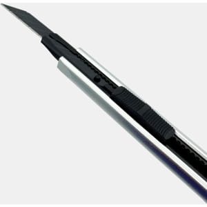 A sleek silver and black retractable box cutter with a rubber grip and blade exposed. It features a logo on the handle.