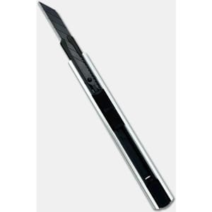 A silver and black slimline retractable box cutter with a sleek design and a visible blade.