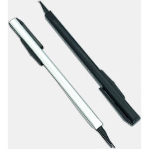 A slimline retractable box cutter in white and black, designed for ease of use, featuring a pocket clip and safety mechanism.