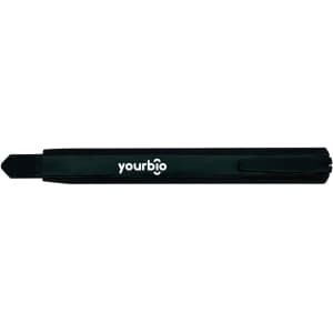 A slimline retractable box cutter in black with a logo. It features a compact design for easy storage.
