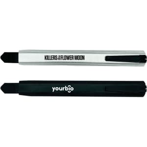 A silver and black slimline retractable box cutter featuring a logo on each side.